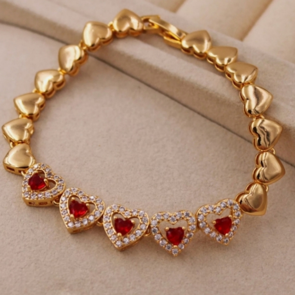 💜 ❤️ New simulated ruby heart cz Gold filled bracelet 💜❤️ - Picture 1 of 6